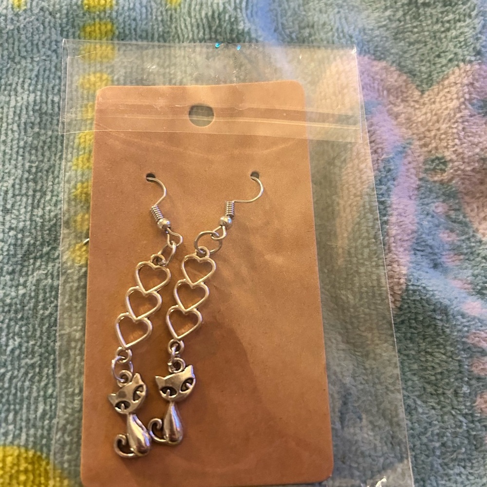 Silver Cat and Heart Dangle Earrings